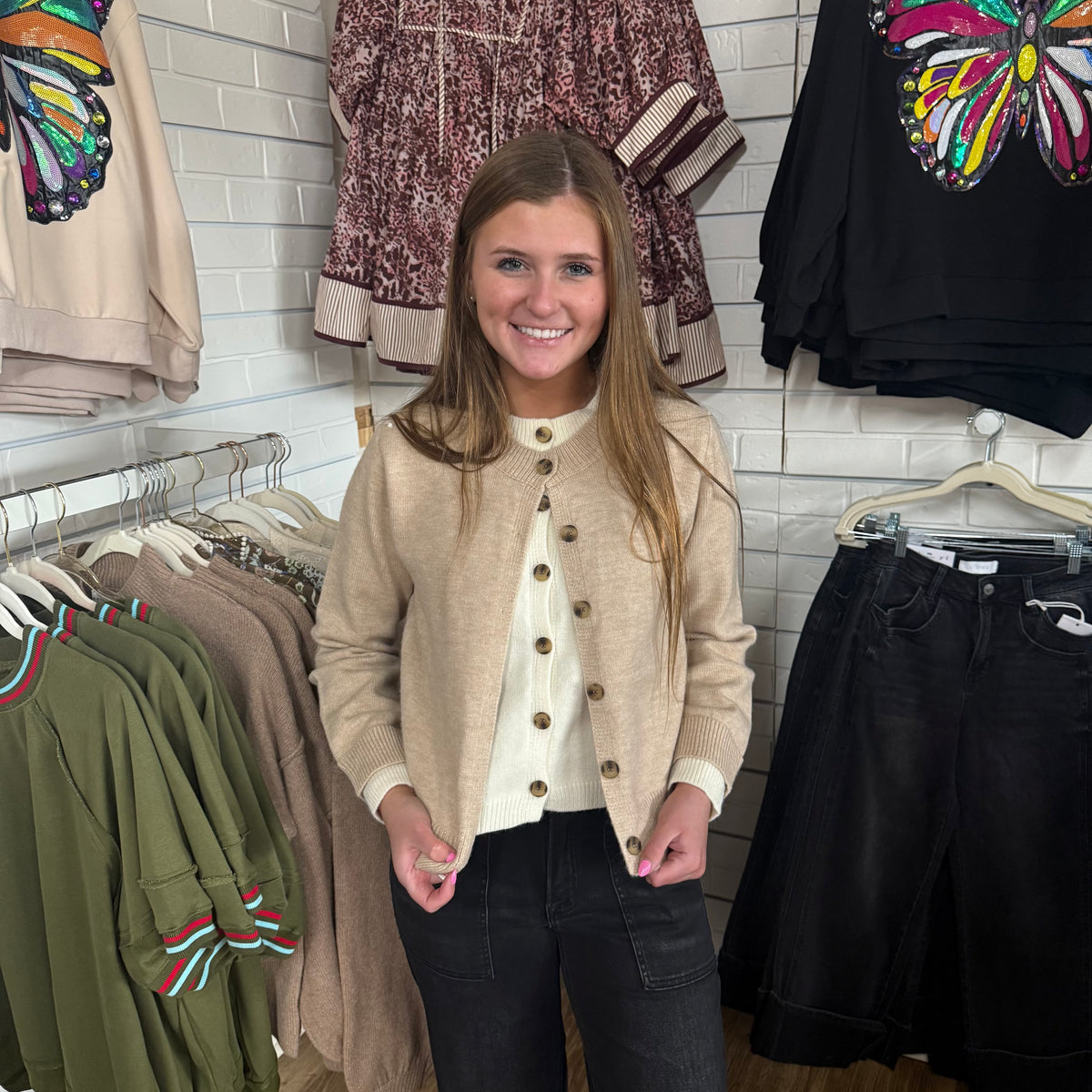 OATMEAL KNIT BUTTON CARDIGAN