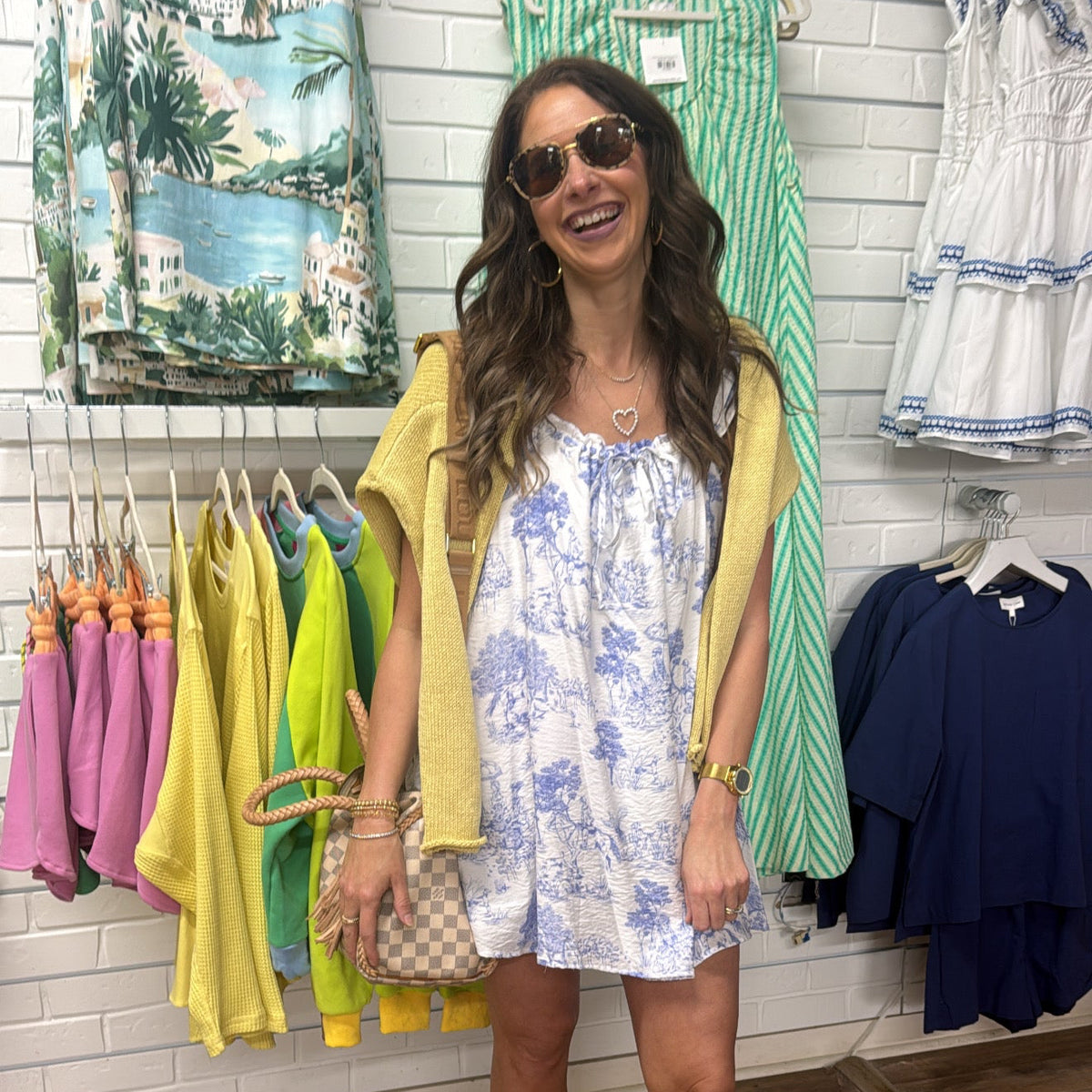 WHITE BLUE PRINTED RUFFLE TIE DRESS