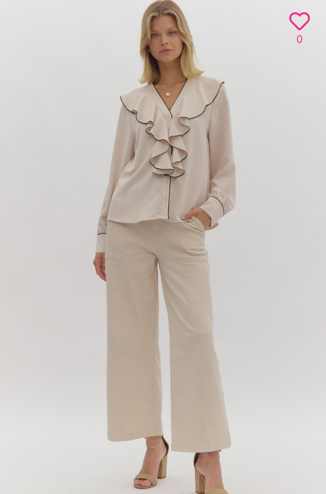 CREAM/BLACK RUFFLE BUTTON UP BLOUSE
