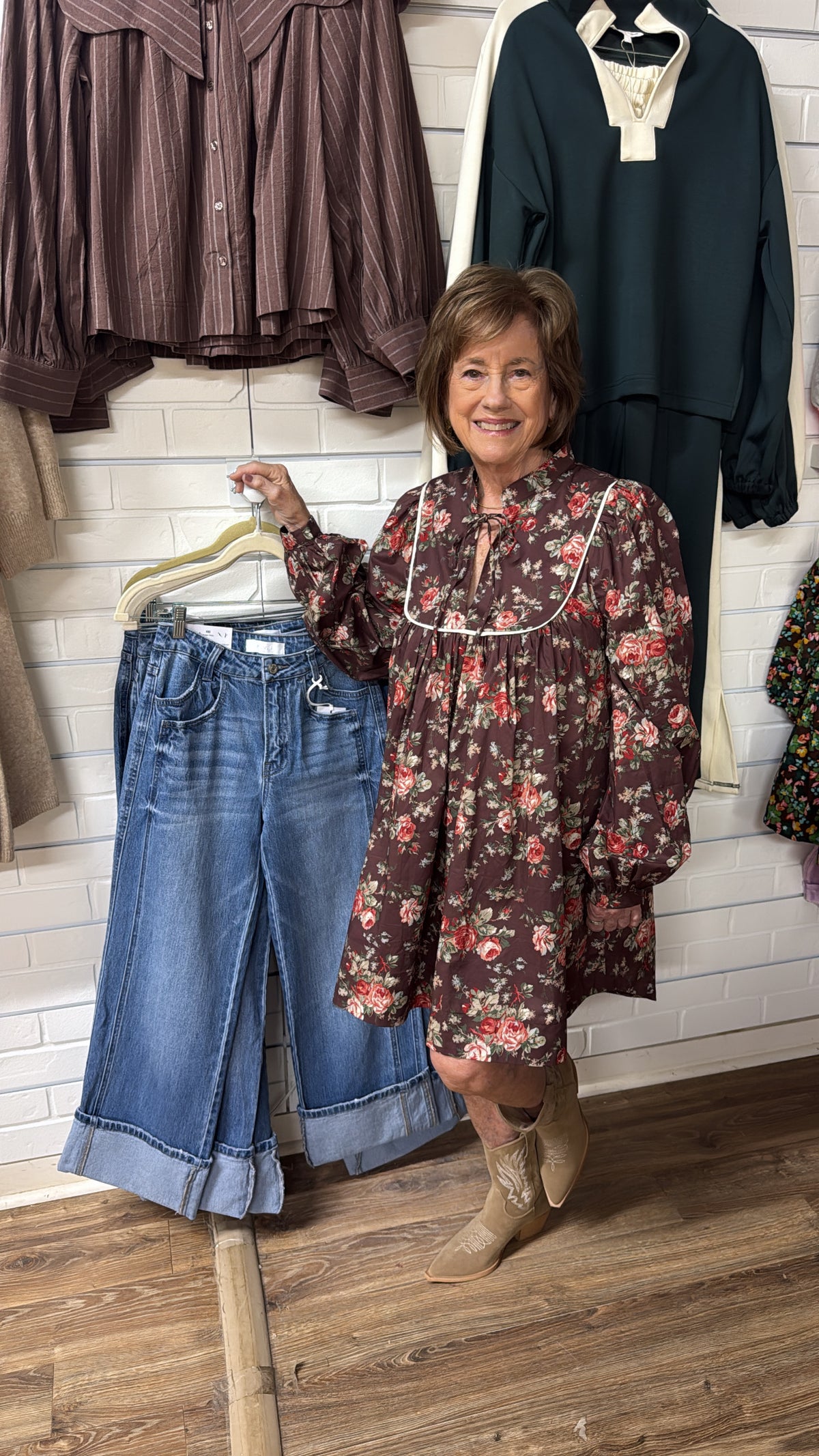 BROWN FLORAL LONG SLV MINI DRESS