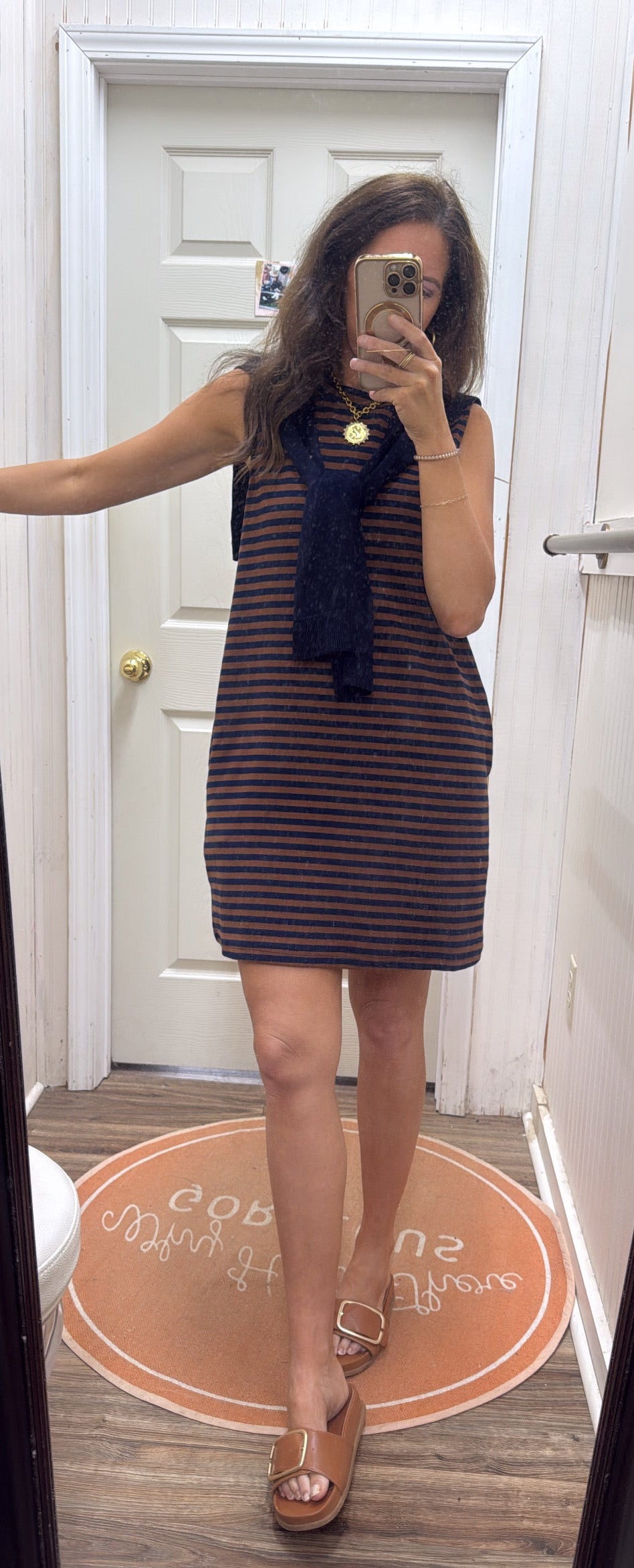 BROWN NAVY STRIPE SWEATER OVERLAY DRESS