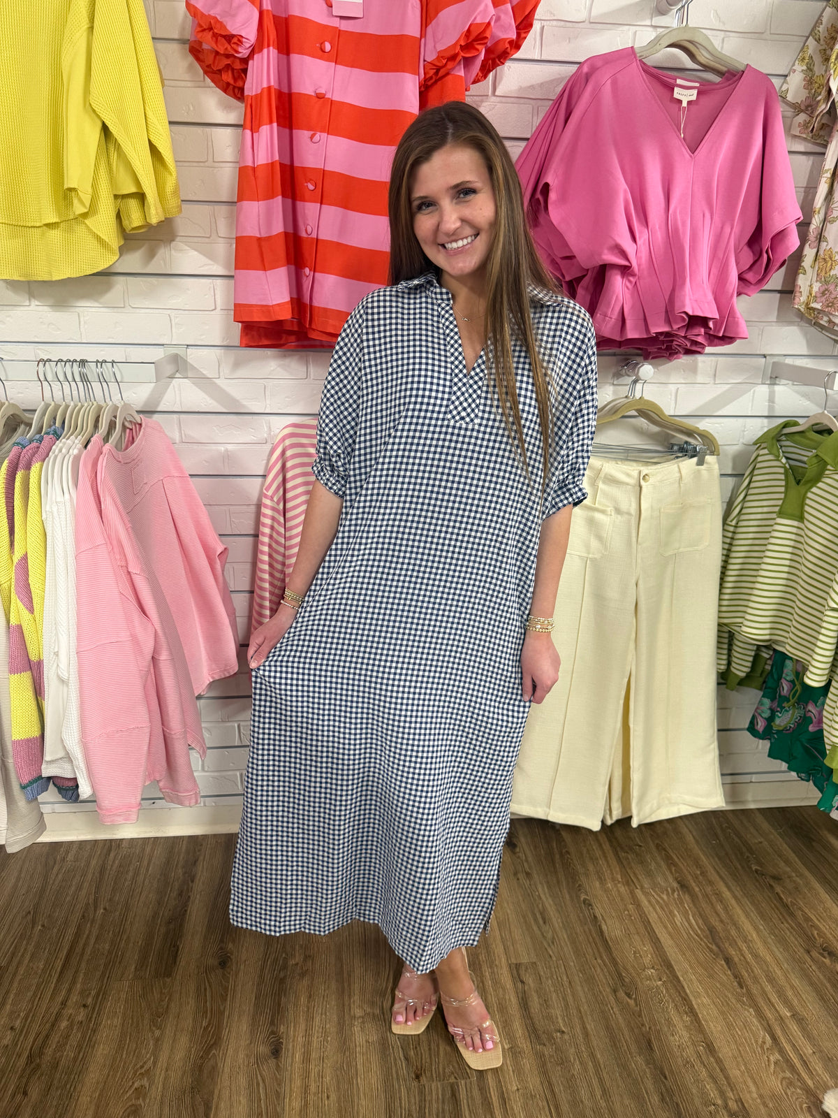 NAVY GINGHAM MIDI DRESS