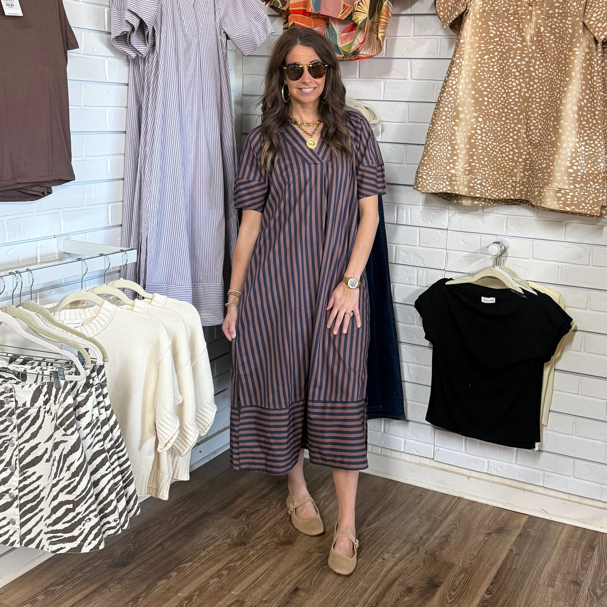 NAVY BROWN STRIPE MIDI DRESS