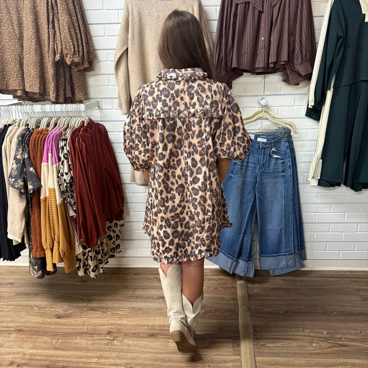 LEOPARD RUFFLE DENIM DRESS