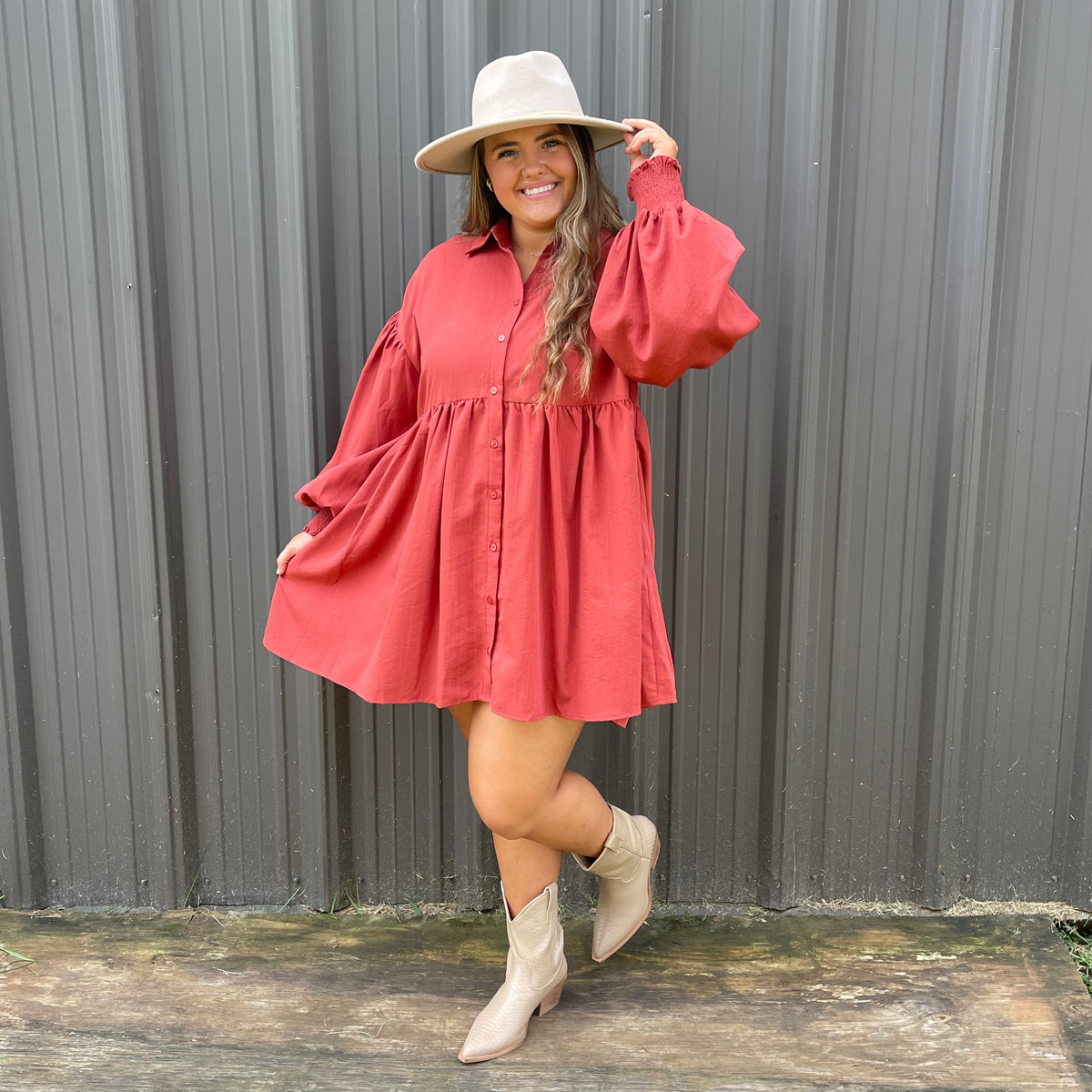 RUST TEXTURE COLLARED BUTTON DRESS
