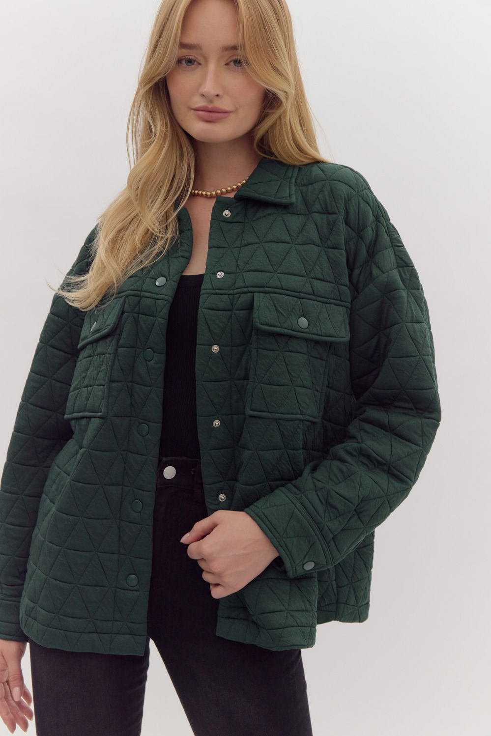 GREEN QUILTED LONG SLV SHACKET