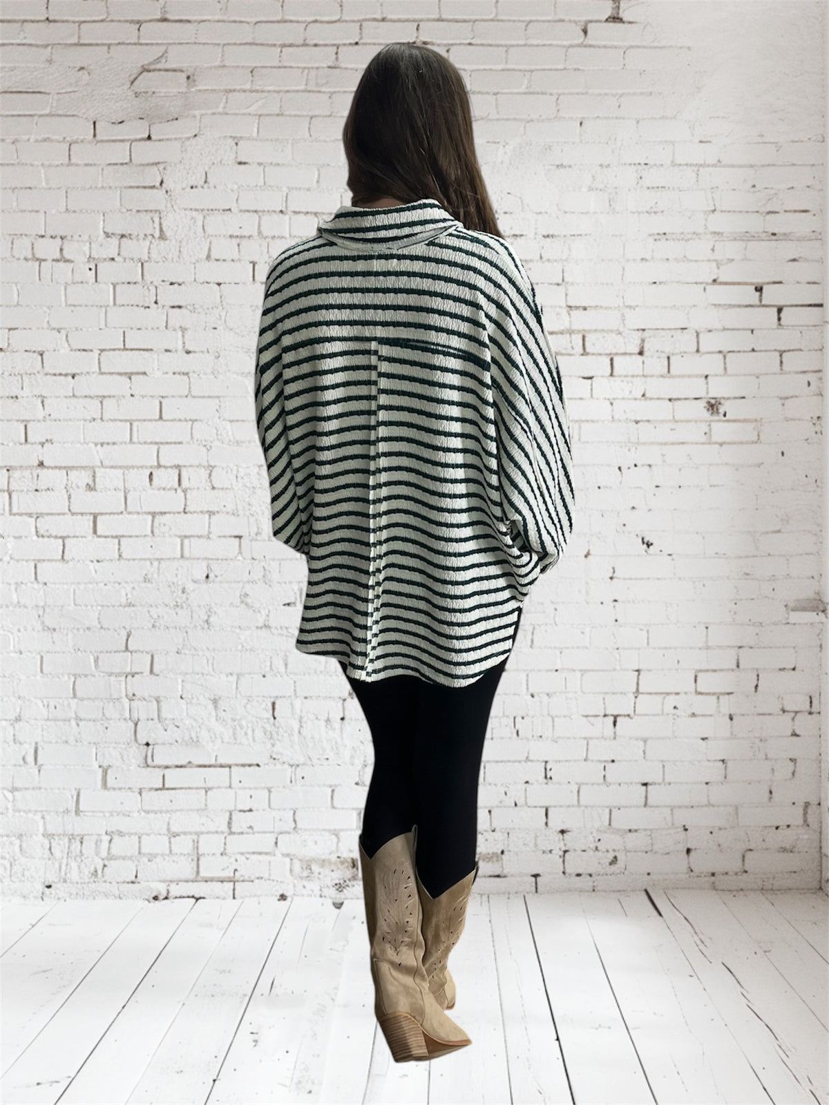 GREEN STRIPED COLLARED BUTTON POCKET TOP