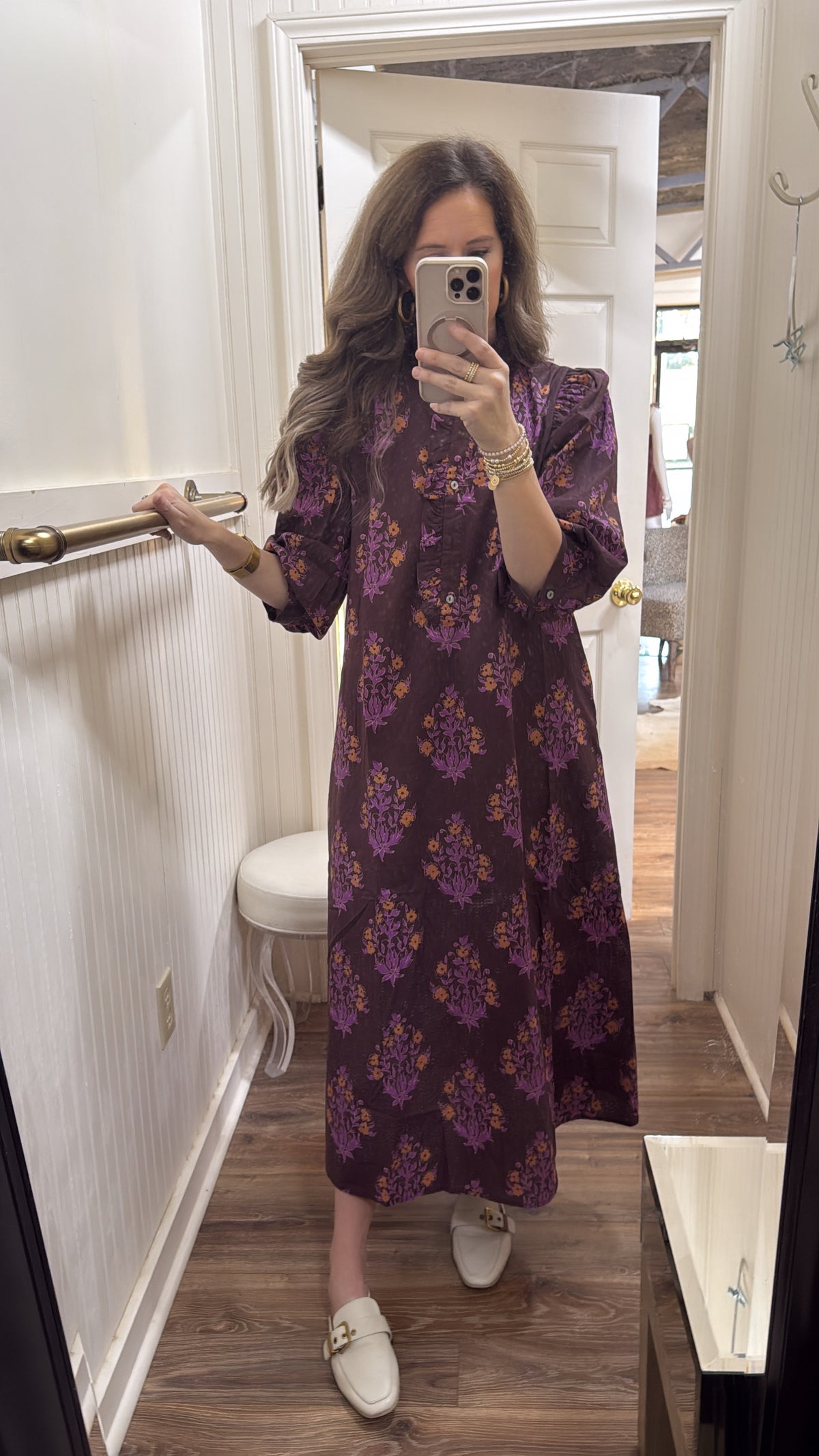 BROWN FLORAL RUFFLE TRIM MIDI