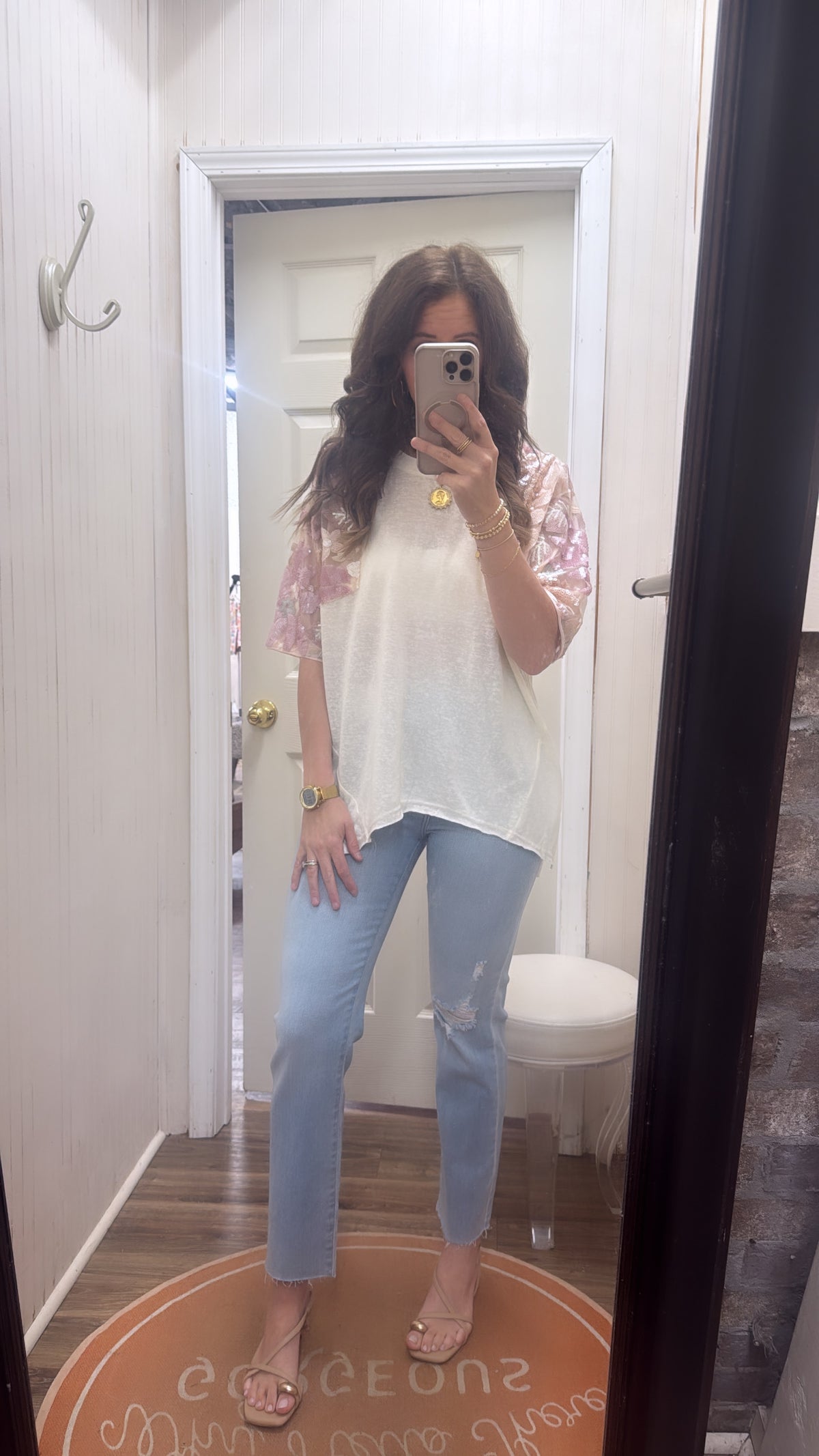 BLUSH BLOOM SEQUI SLV TUNIC TOP