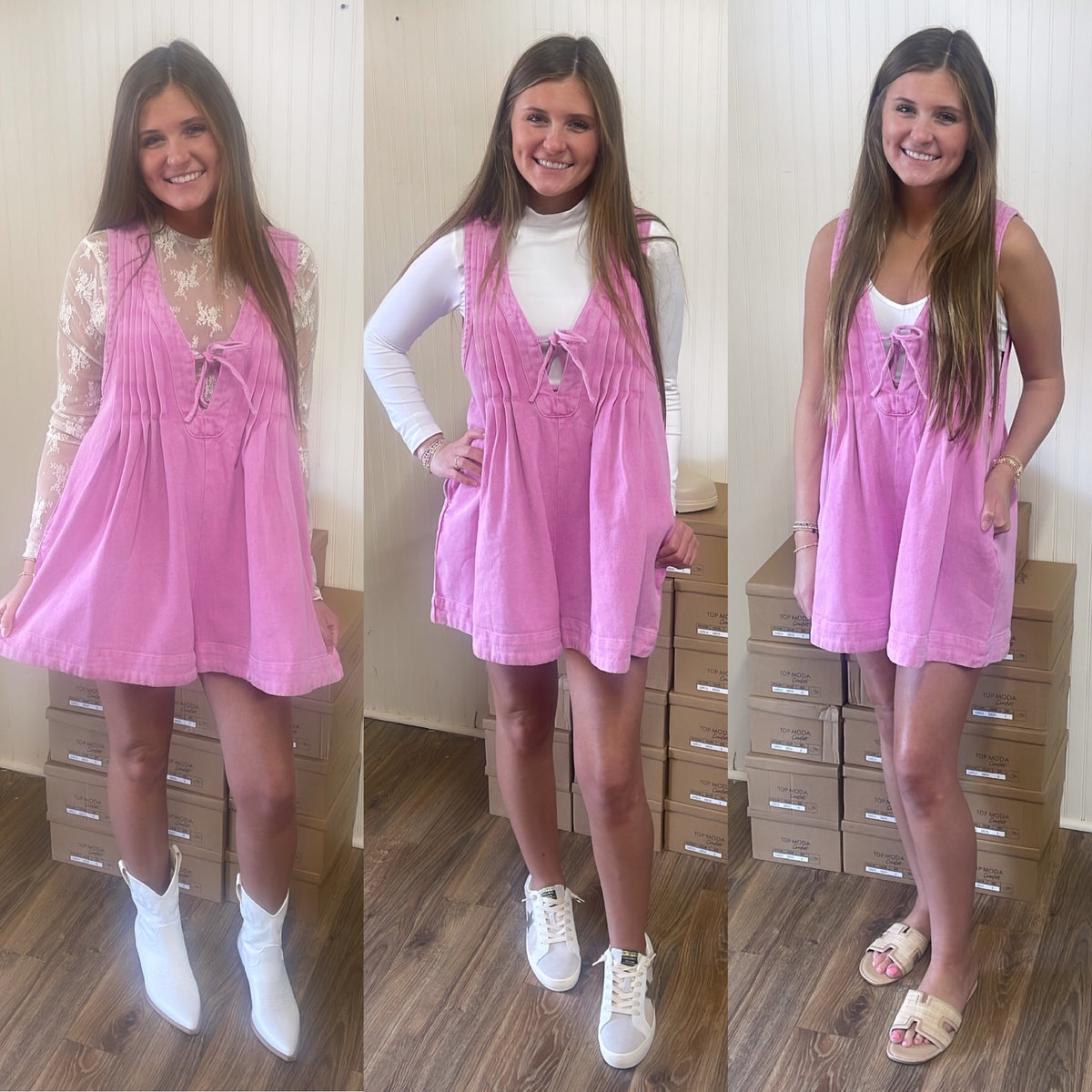 PLEATED PINK DENIM ROMPER