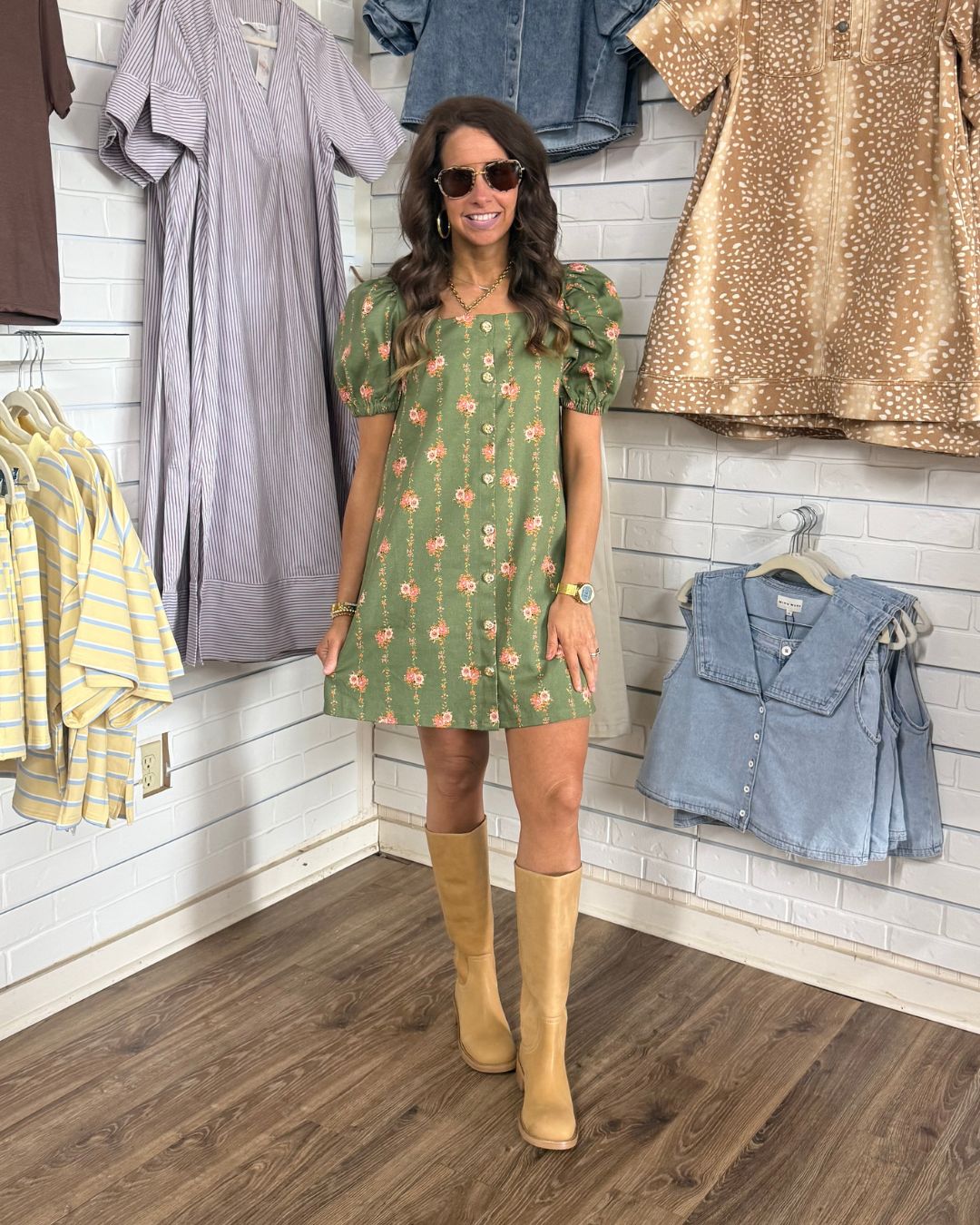 OLIVE FLORAL SQUARE NECK DRESS