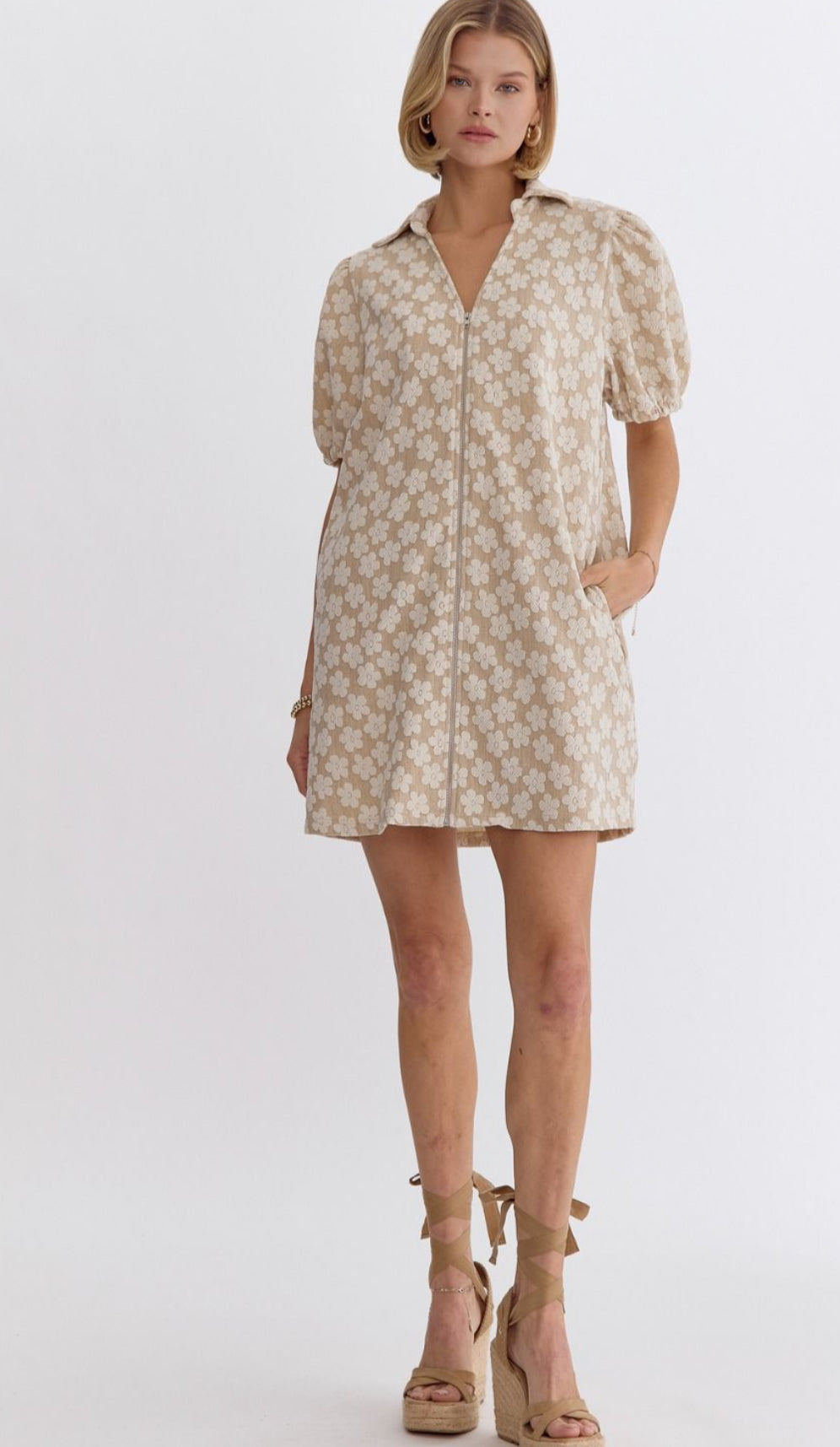 TAUPE FLORAL EMBROIDERED DRESS