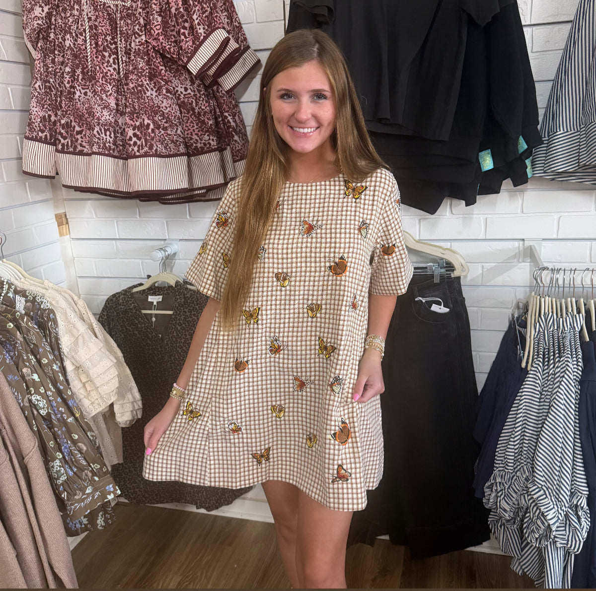 BROWN PLAID BUTTERFLY SHORT SLV DRESS