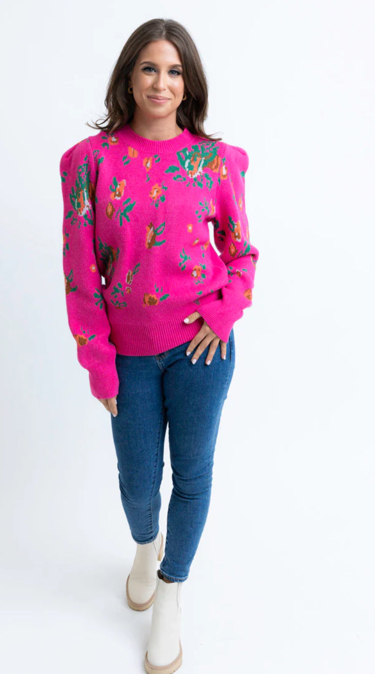 PINK FLORAL PUFF SLV SWEATER