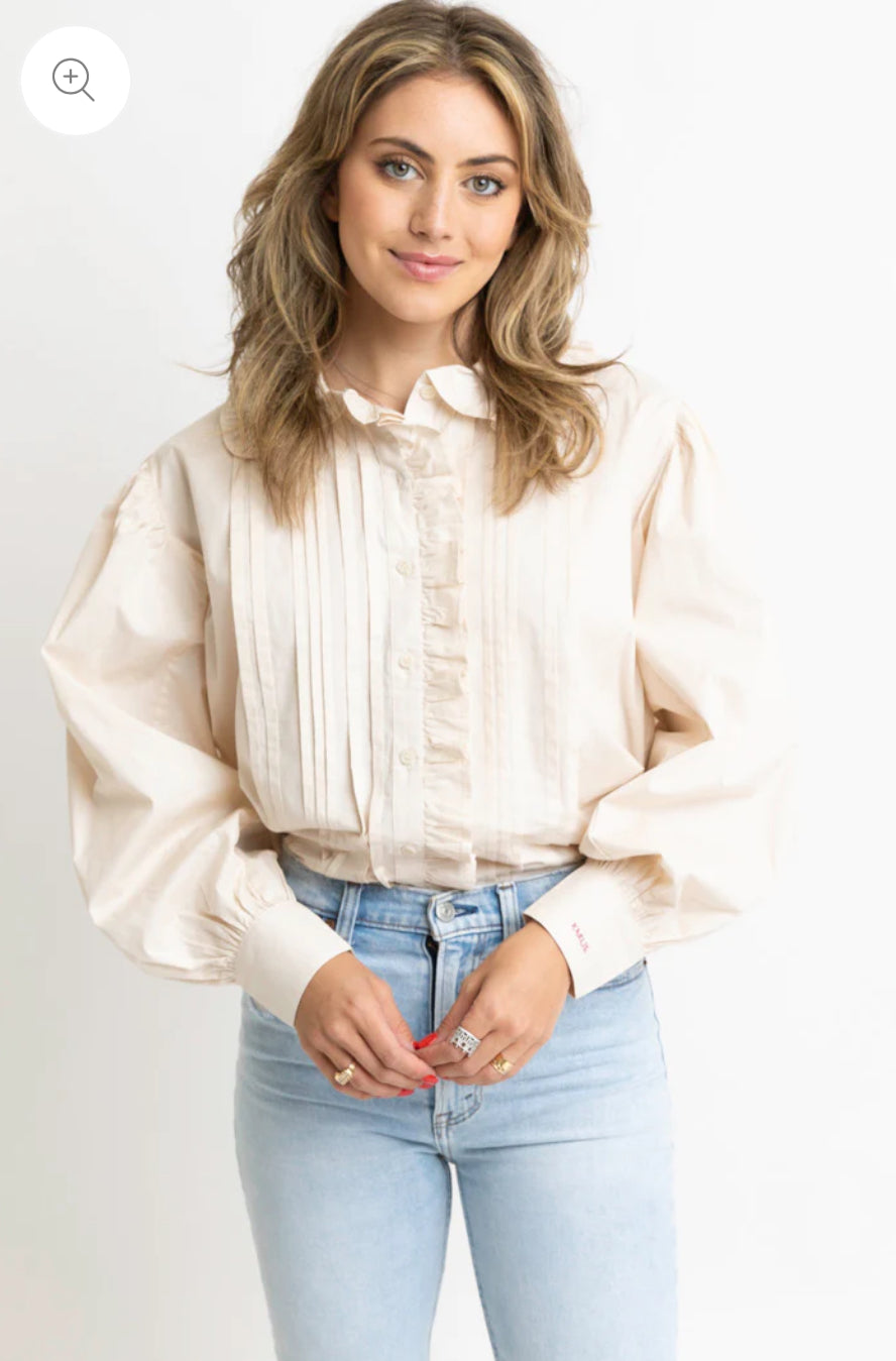 IVORY PLEAT RUFFLE TRIM TOP