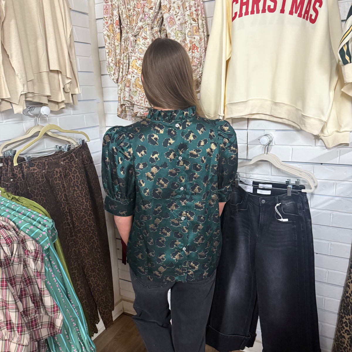 GREEN LEOPARD BUTTON BACK PUFF SLV