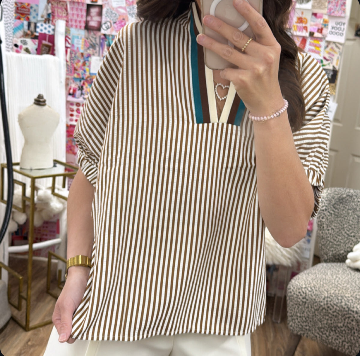 CARAMEL STRIPED ACCENTED NECK TOP