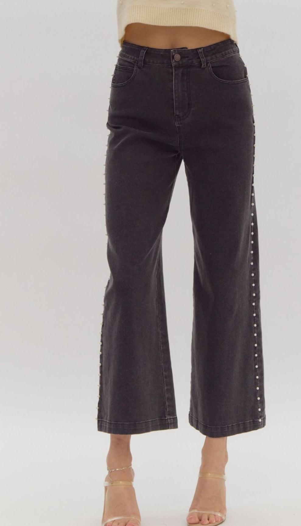 BLACK DENIM PEARL WIDE LEG