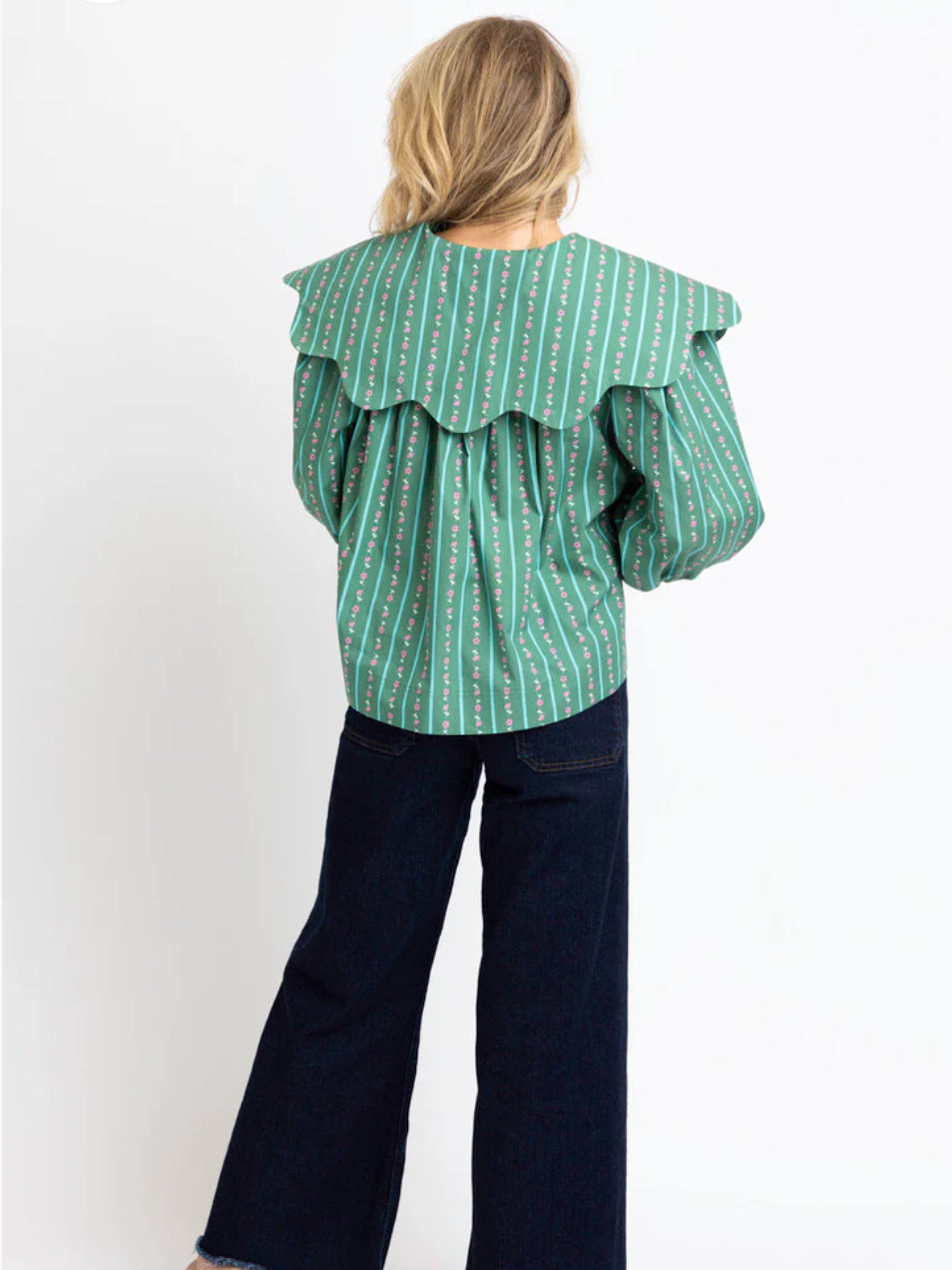 GREEN FLORAL DITZY STRIPE PETER PAN TOP