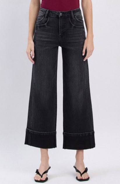 BLACK HI RISE CUFFED WIDE DENIM