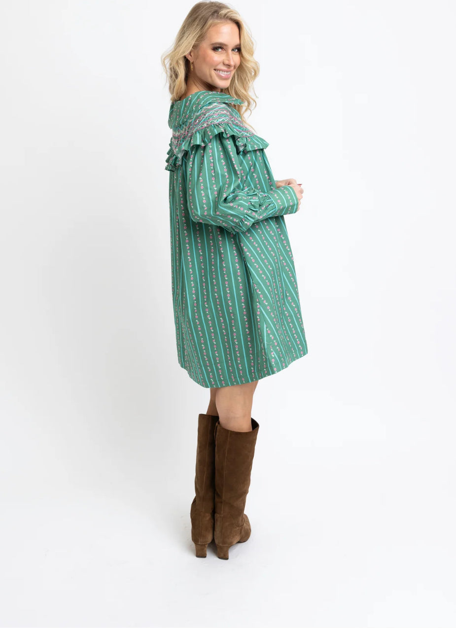 GREEN FLORAL STRIPE PETER PAN DRESS