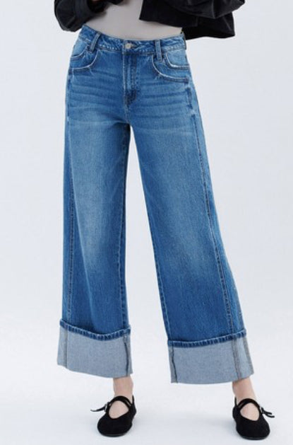 DENIM BLUE HI RISE CUFFED WIDE DENIM