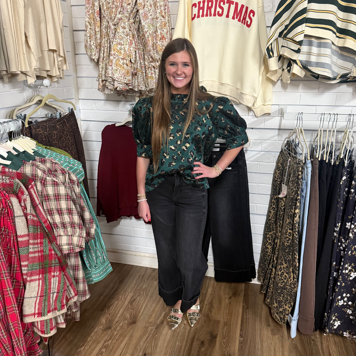 GREEN LEOPARD BUTTON BACK PUFF SLV