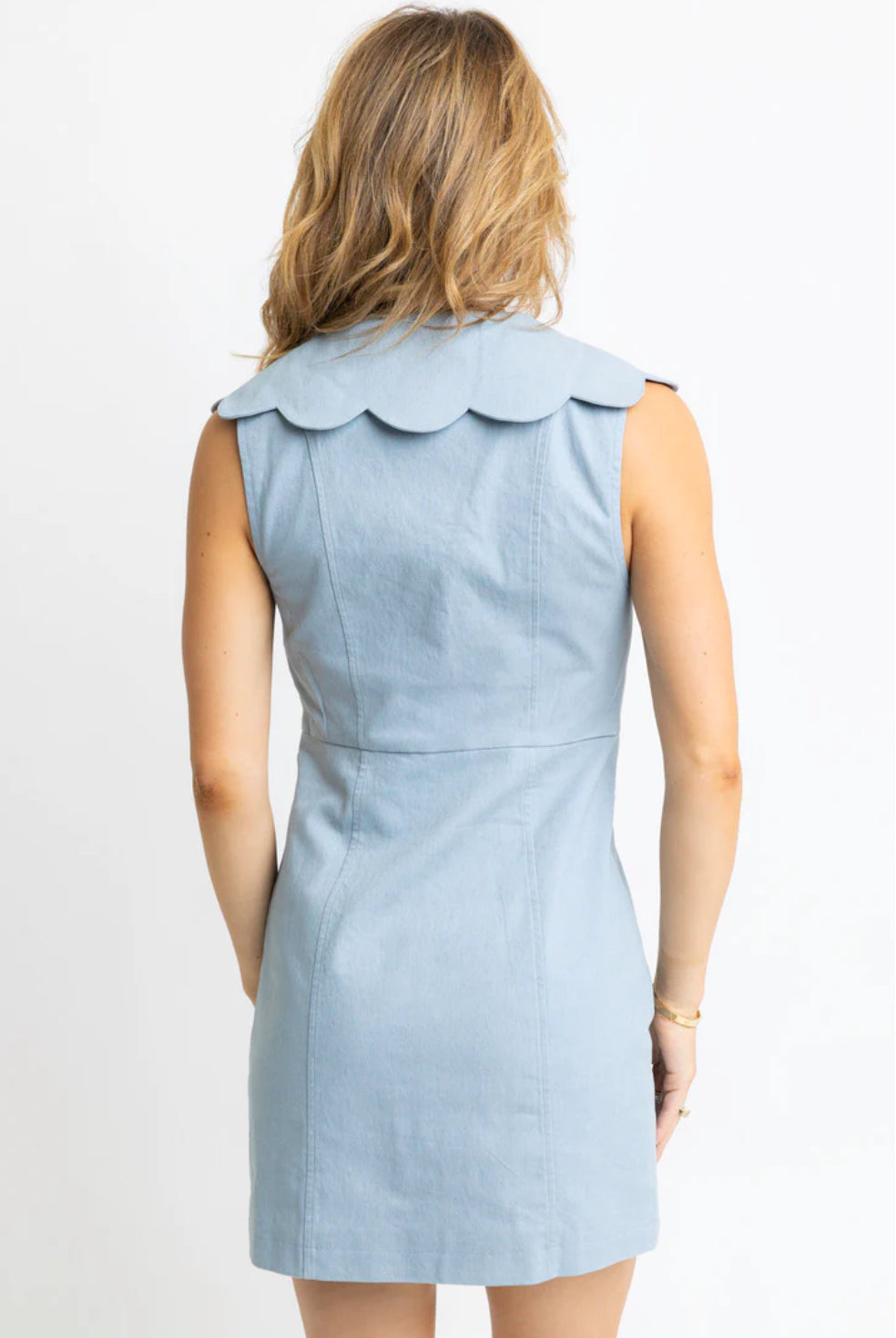 DENIM SCALLOP VNECK BUTTON DRESS