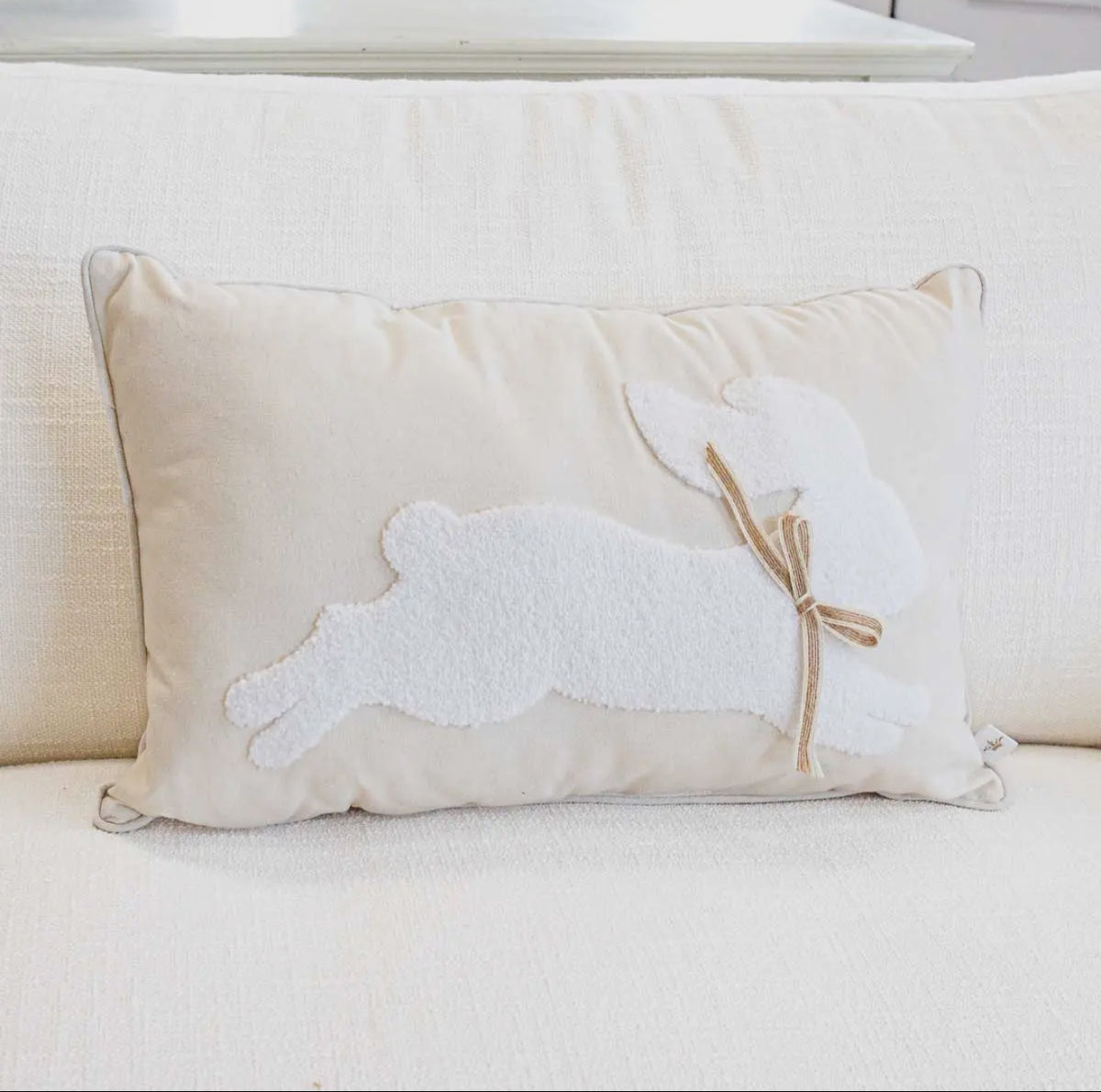 LEAPING BUNNY EMBROIDERED LUMBAR PILLOW