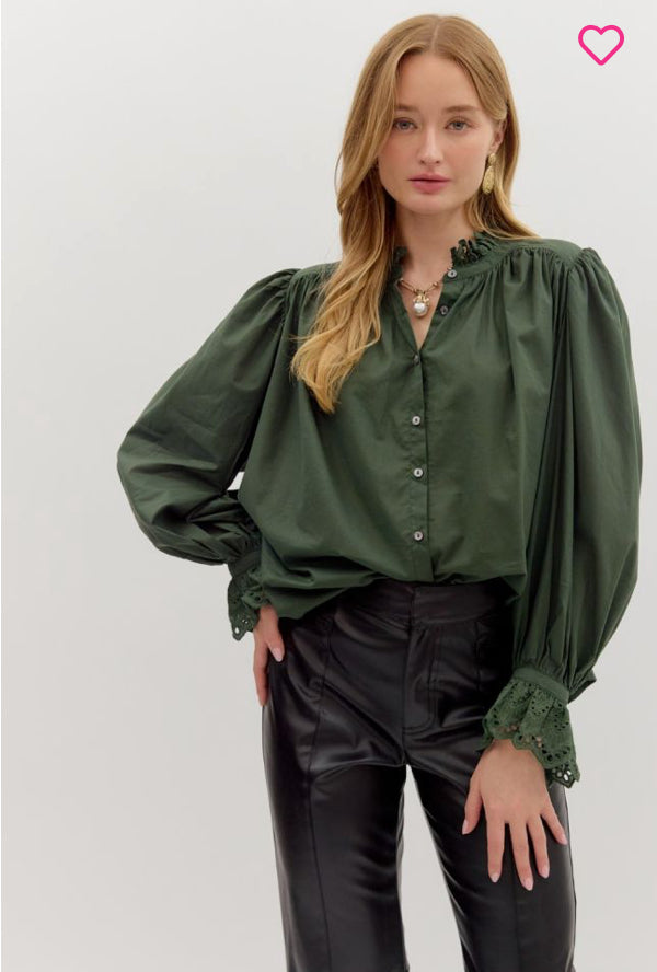 OLIVE RUFFLE EYELET BUTTON TOP