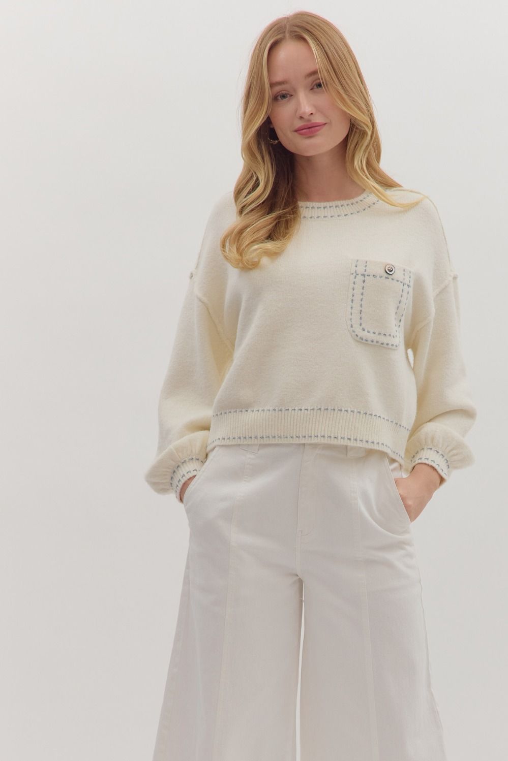 CREAM KNIT ACCENT STITCH SWEATER