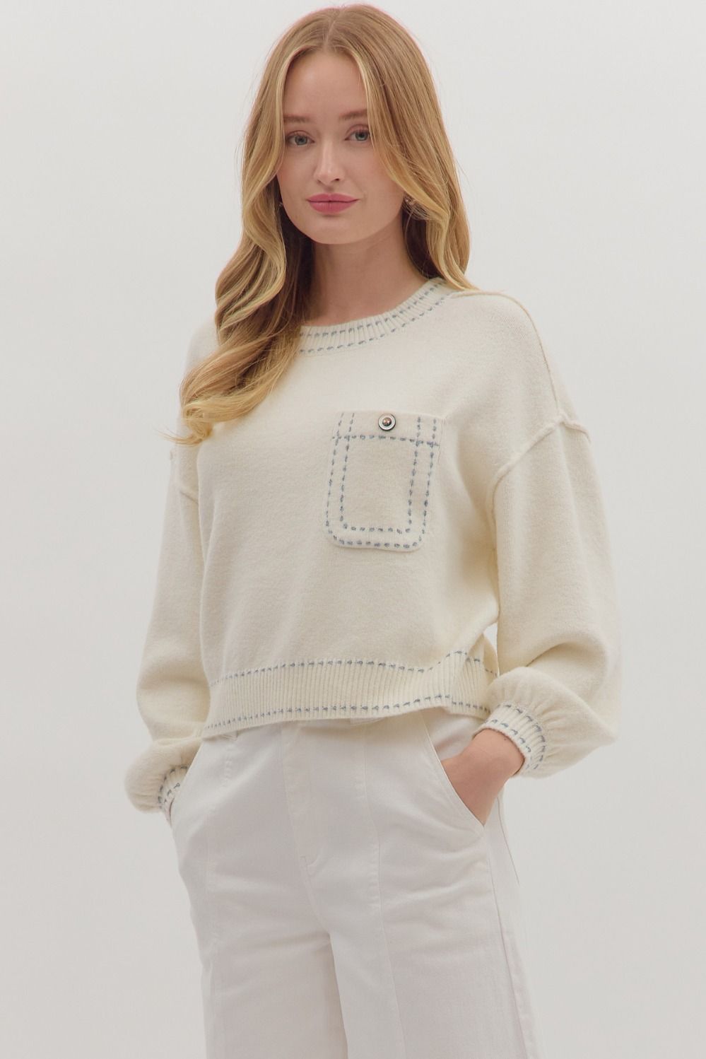 CREAM KNIT ACCENT STITCH SWEATER