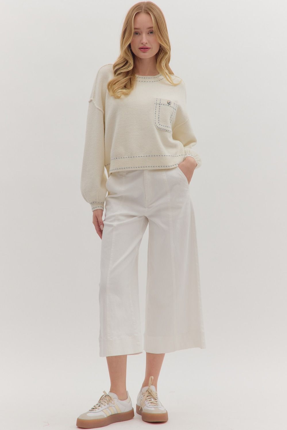 CREAM KNIT ACCENT STITCH SWEATER