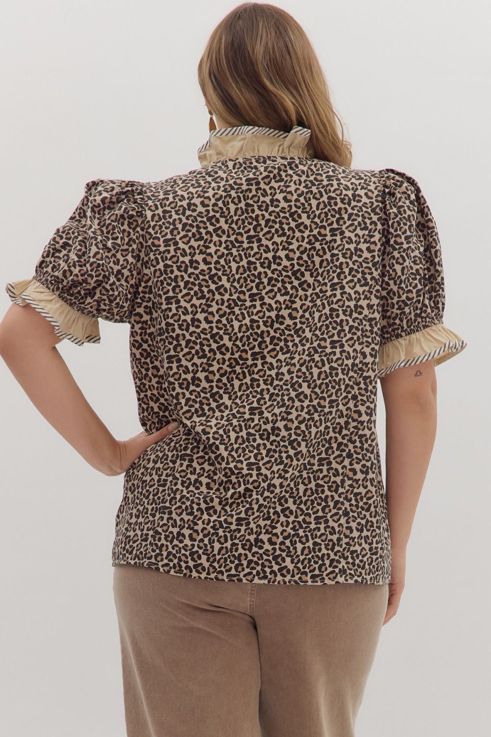 TAUPE LEOPARD RUFFLE NECK STRIPE TRIM TOP