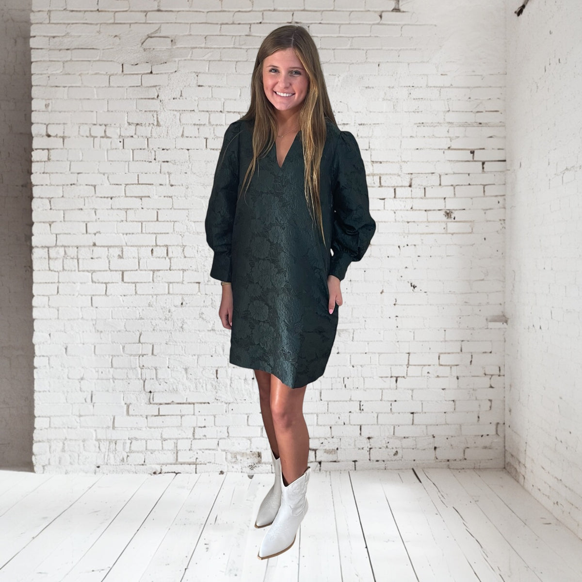 JILLIAN JACQUARD GREEN MINI DRESS