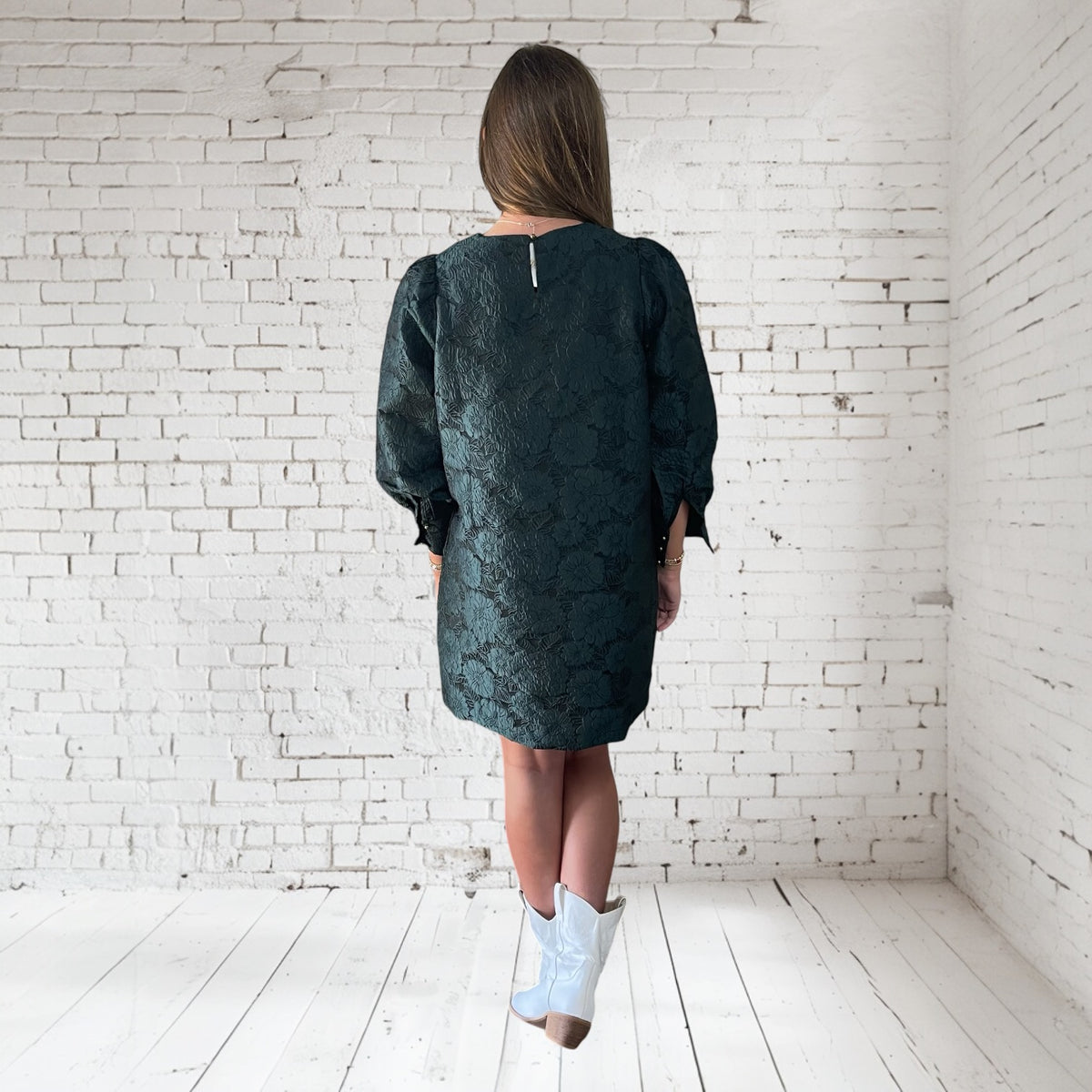 JILLIAN JACQUARD GREEN MINI DRESS