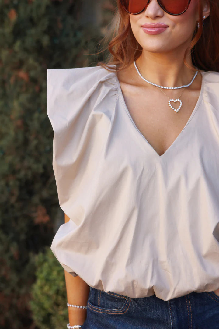 KHAKI BUBBLE POPLIN TOP