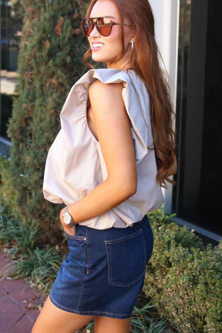 KHAKI BUBBLE POPLIN TOP