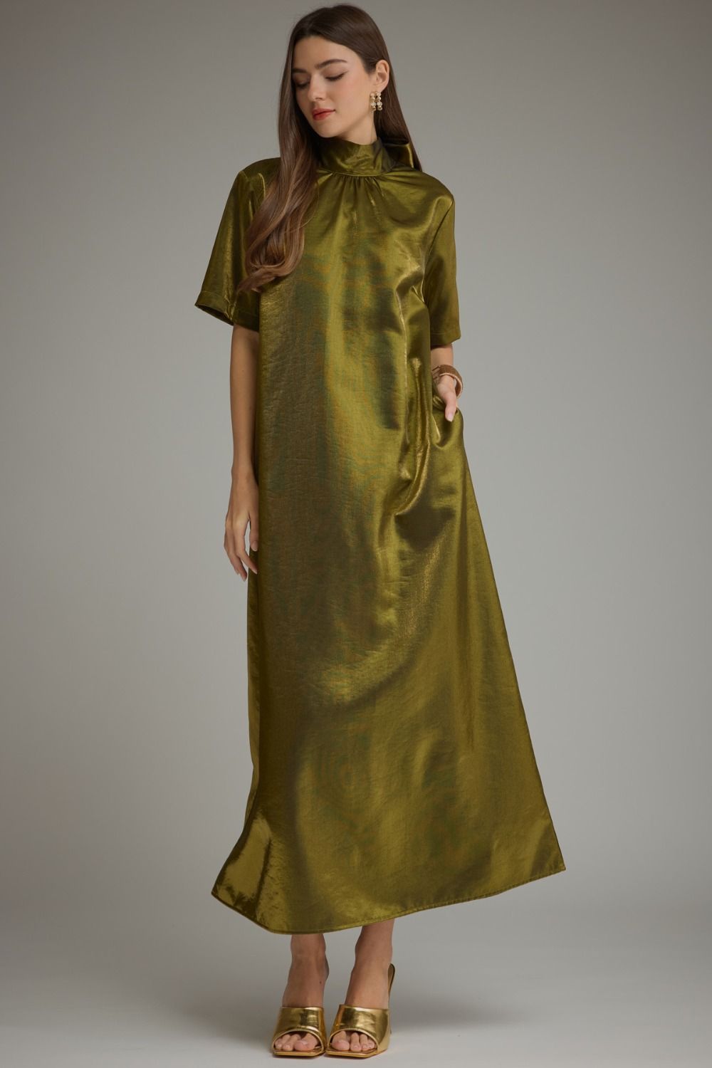 OLIVE SATIN TIE-BACK MAXI DRESS