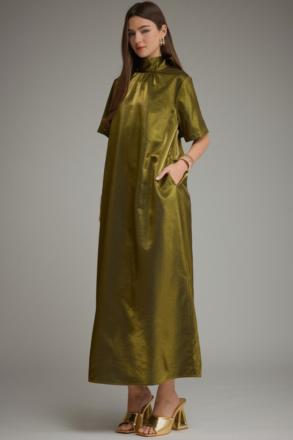OLIVE SATIN TIE-BACK MAXI DRESS