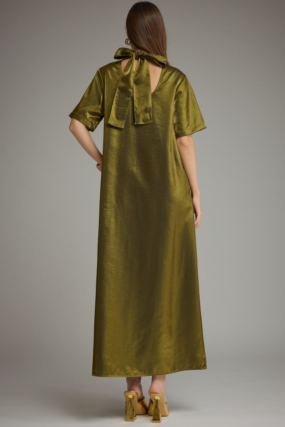 OLIVE SATIN TIE-BACK MAXI DRESS