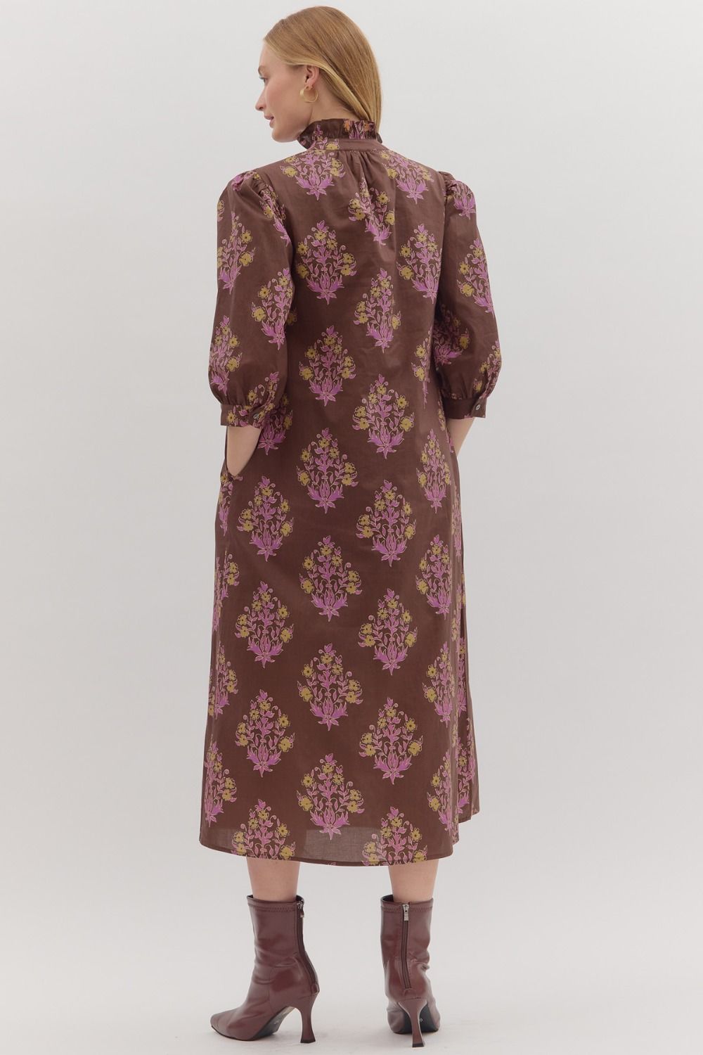 BROWN FLORAL RUFFLE TRIM MIDI