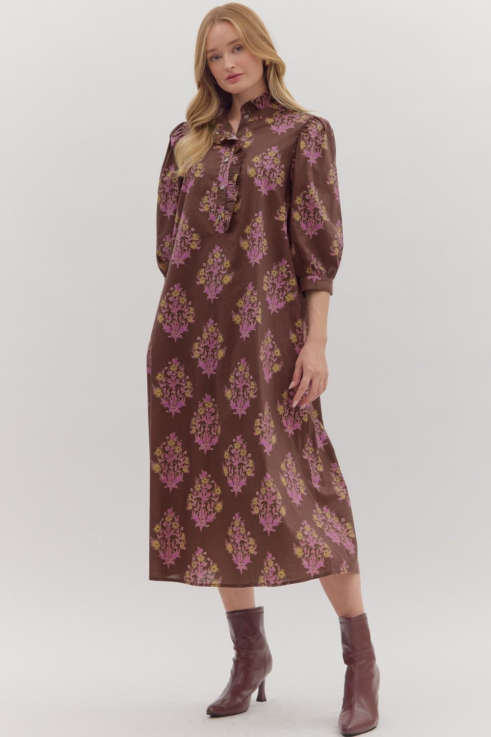 BROWN FLORAL RUFFLE TRIM MIDI