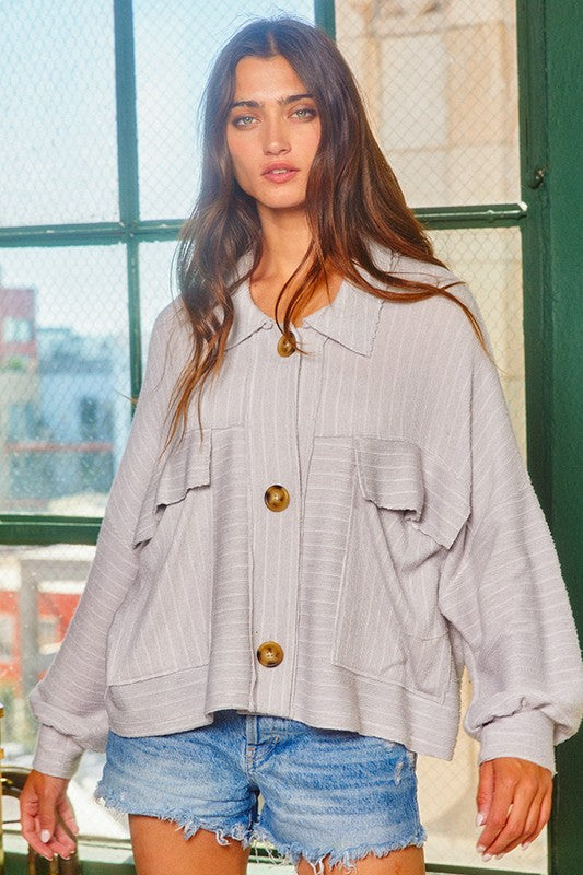 GREY RIB KNIT SHACKET TOP