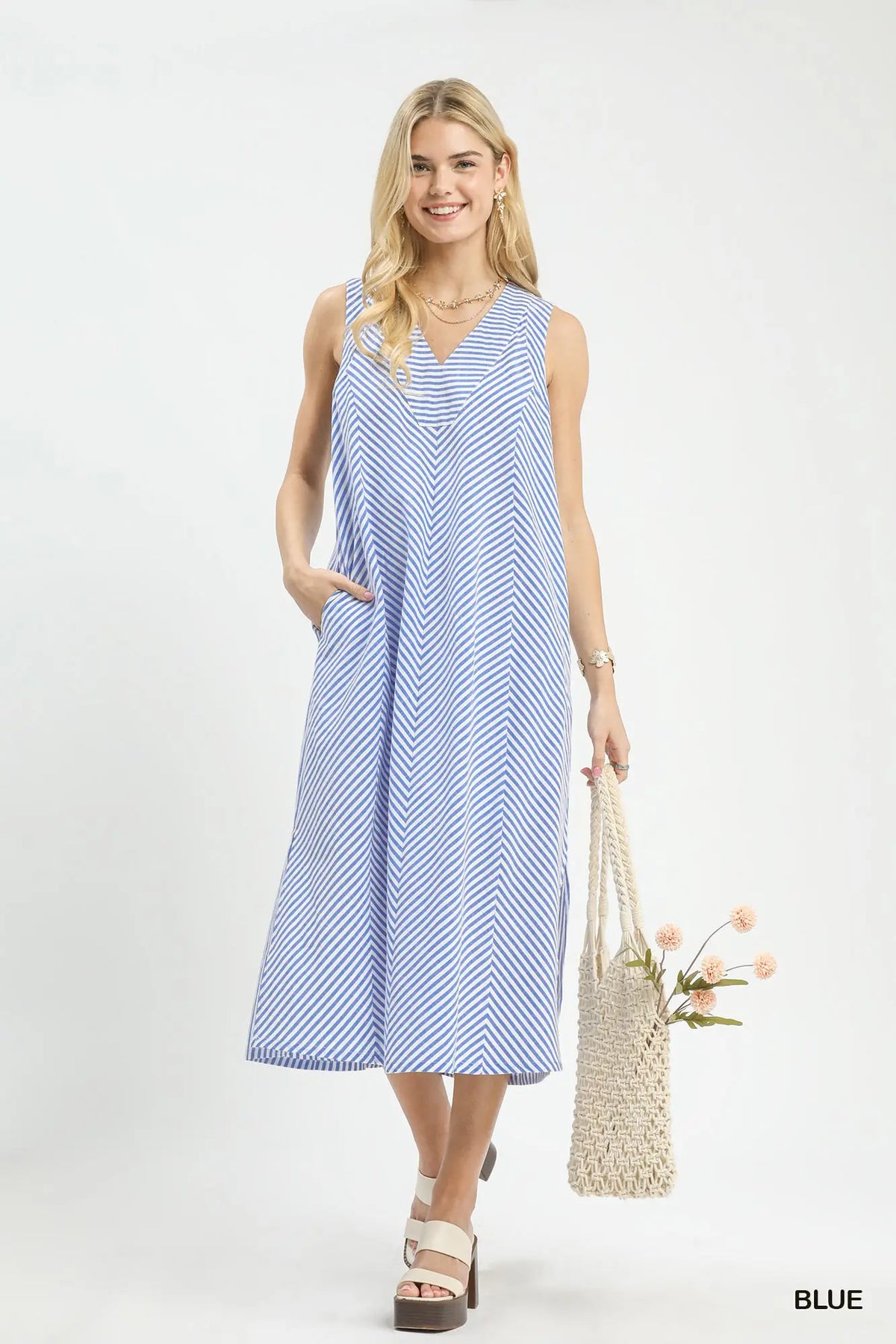BLUE CHEVRON STRIPE MIDI DRESS