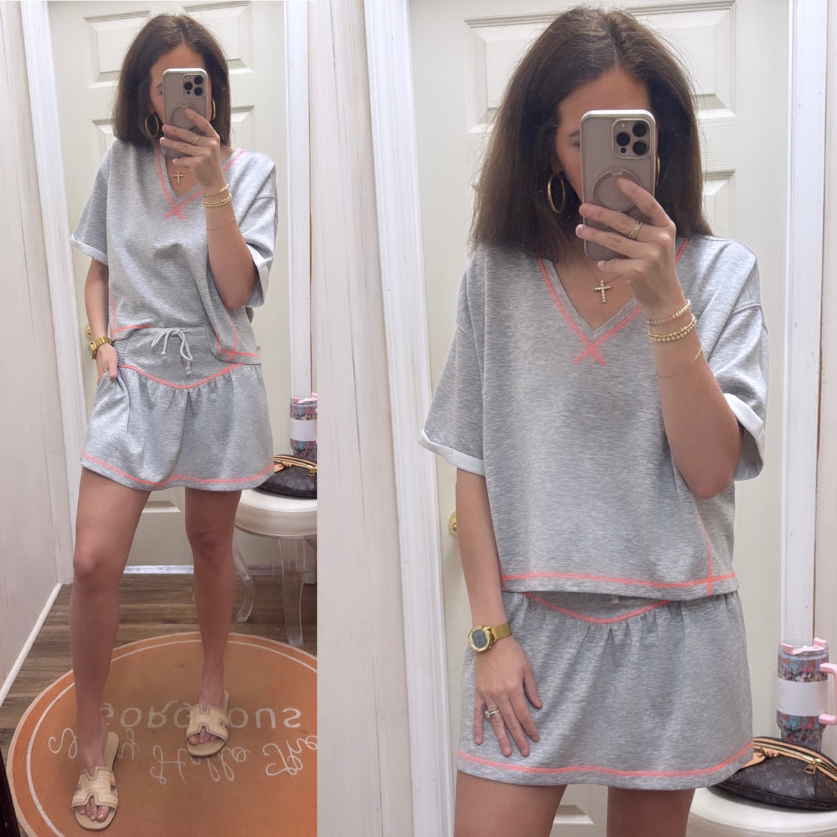 GREY PINK TRIM KNIT SKORT SET