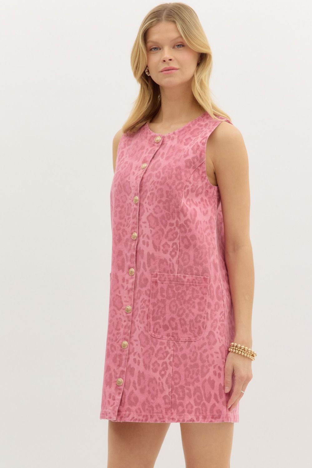PINK LEOPARD GOLD BUTTON DRESS