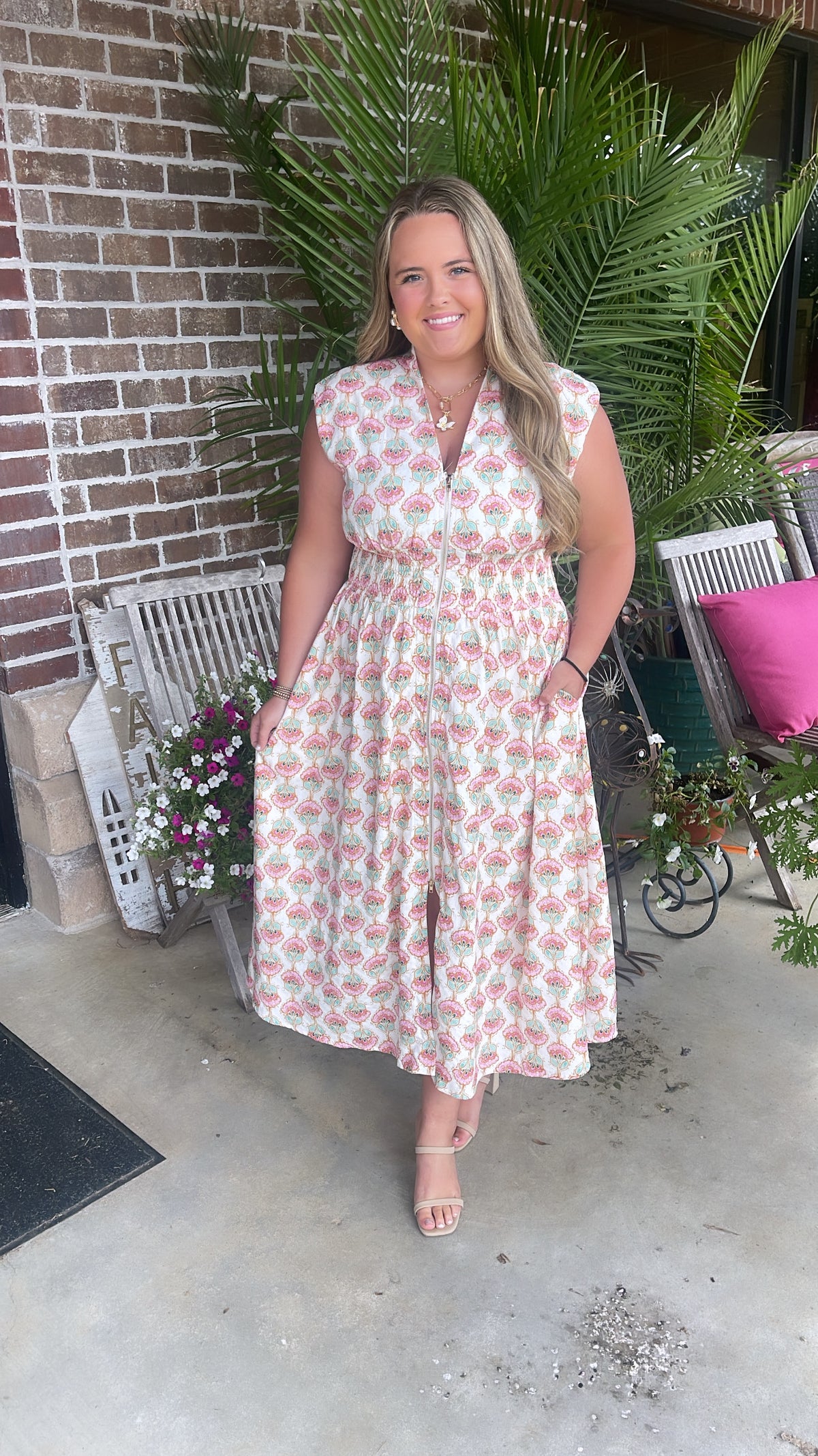 CREAM PRINTED VNECK MIDI- FINAL SALE