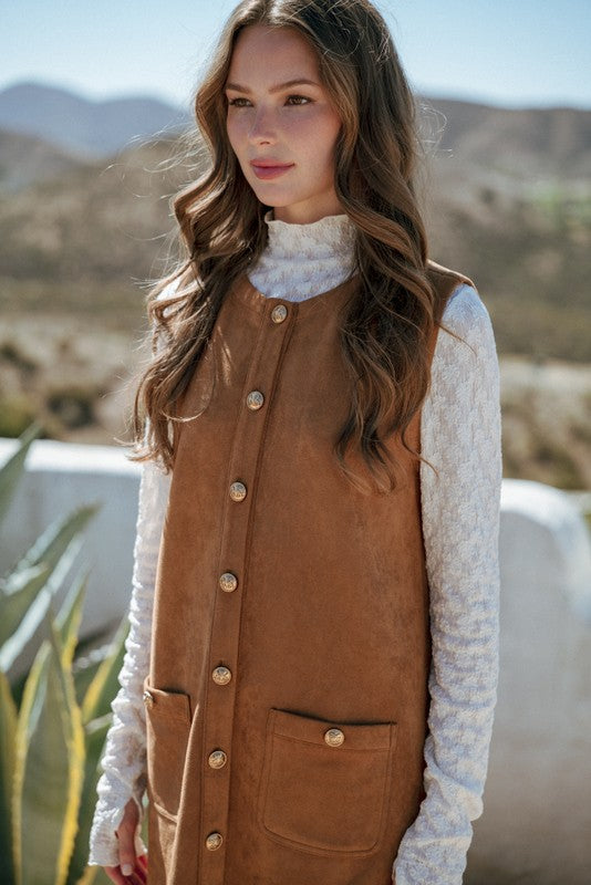CAMEL SUEDE BUTTON SHIFT DRESS
