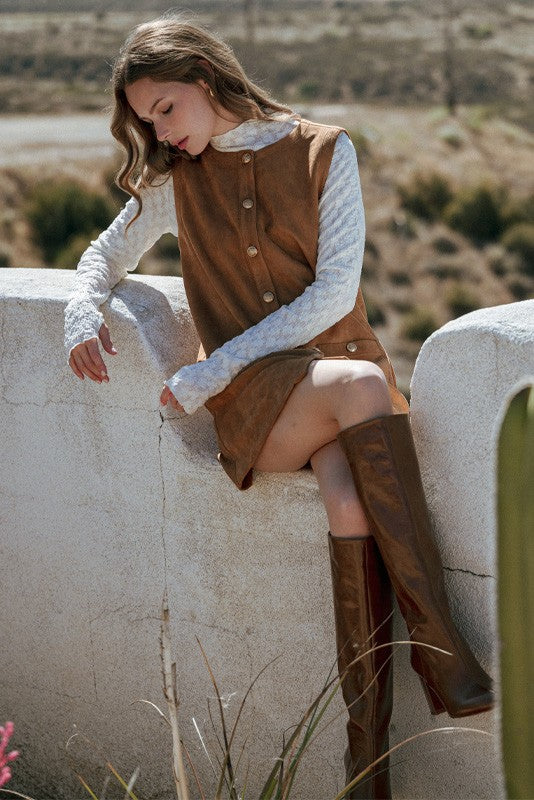 CAMEL SUEDE BUTTON SHIFT DRESS